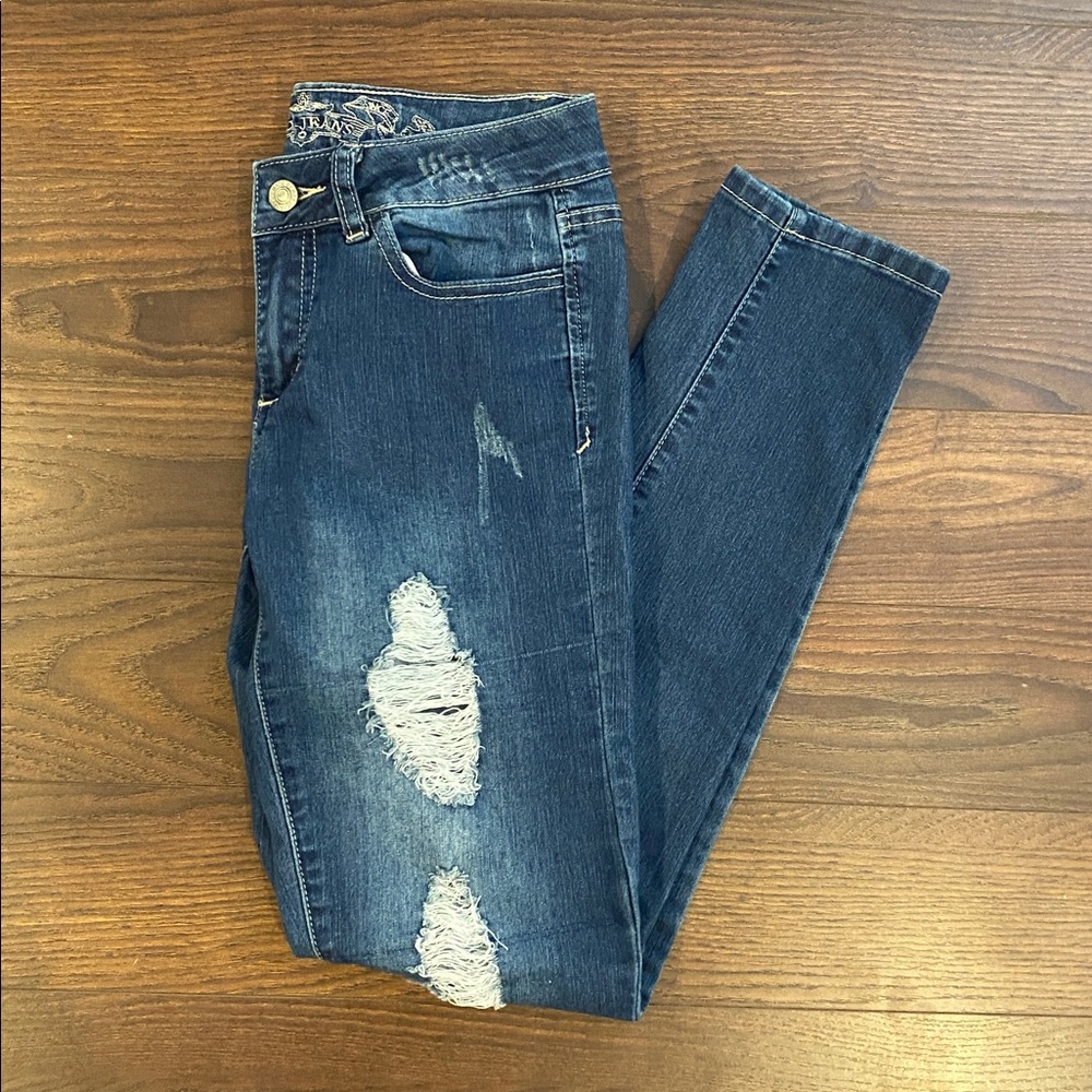 Wax Jean Dark Blue Distressed Skinny Jeans Size 28